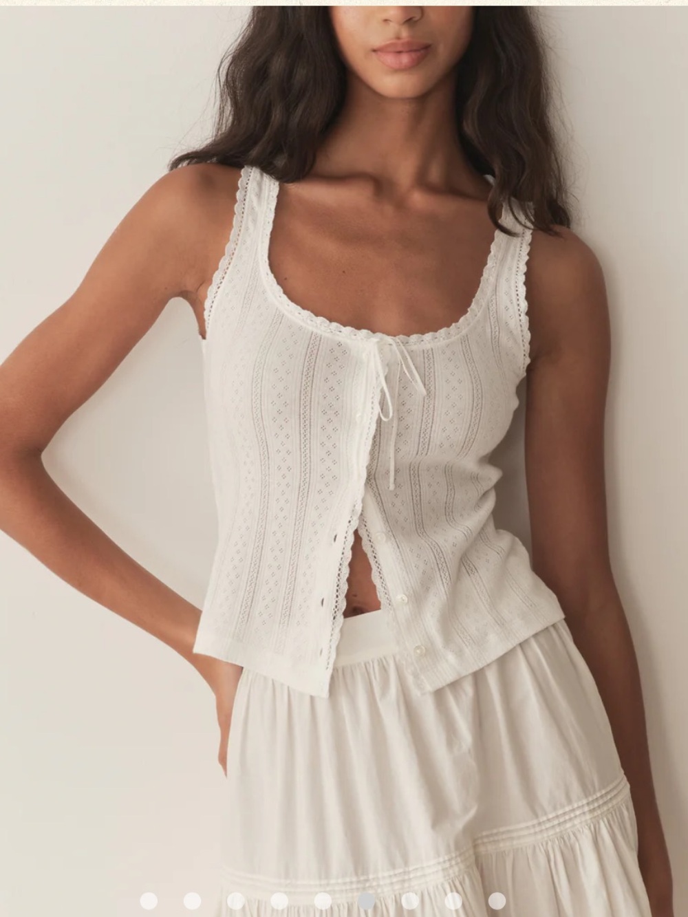 Doen Lois Tank Pointelle Quelle Jolie white Bow Feminine Dainty Cotton Soft Sz S